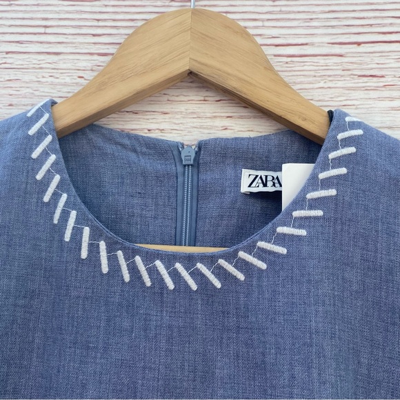 NWT Zara Blue Chambray Embroidered Tent Mini Dress Sz S - Picture 13 of 16